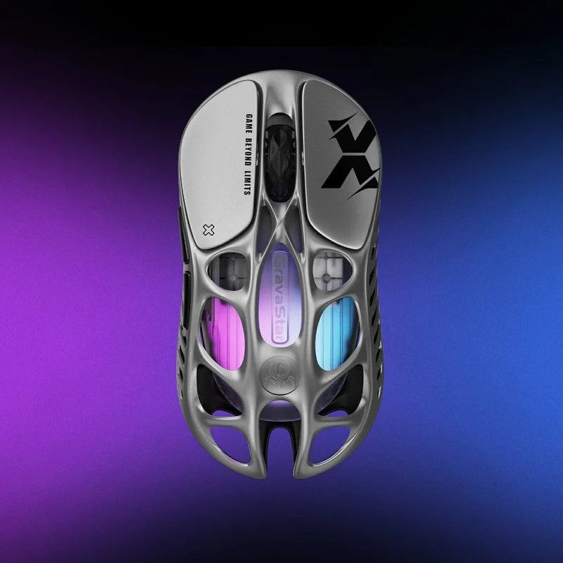 Mouse de gaming wireless GravaStar Mercury X 49 g, senzor PAW 3950 32.000 DPI, rata de polling 1000 Hz, Interstellar Argint