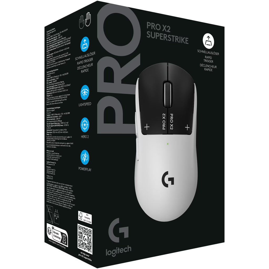 Mouse gaming wireless Logitech PRO X2 Superstrike, 44000 DPI, senzor Hero 2, Alb/Negru